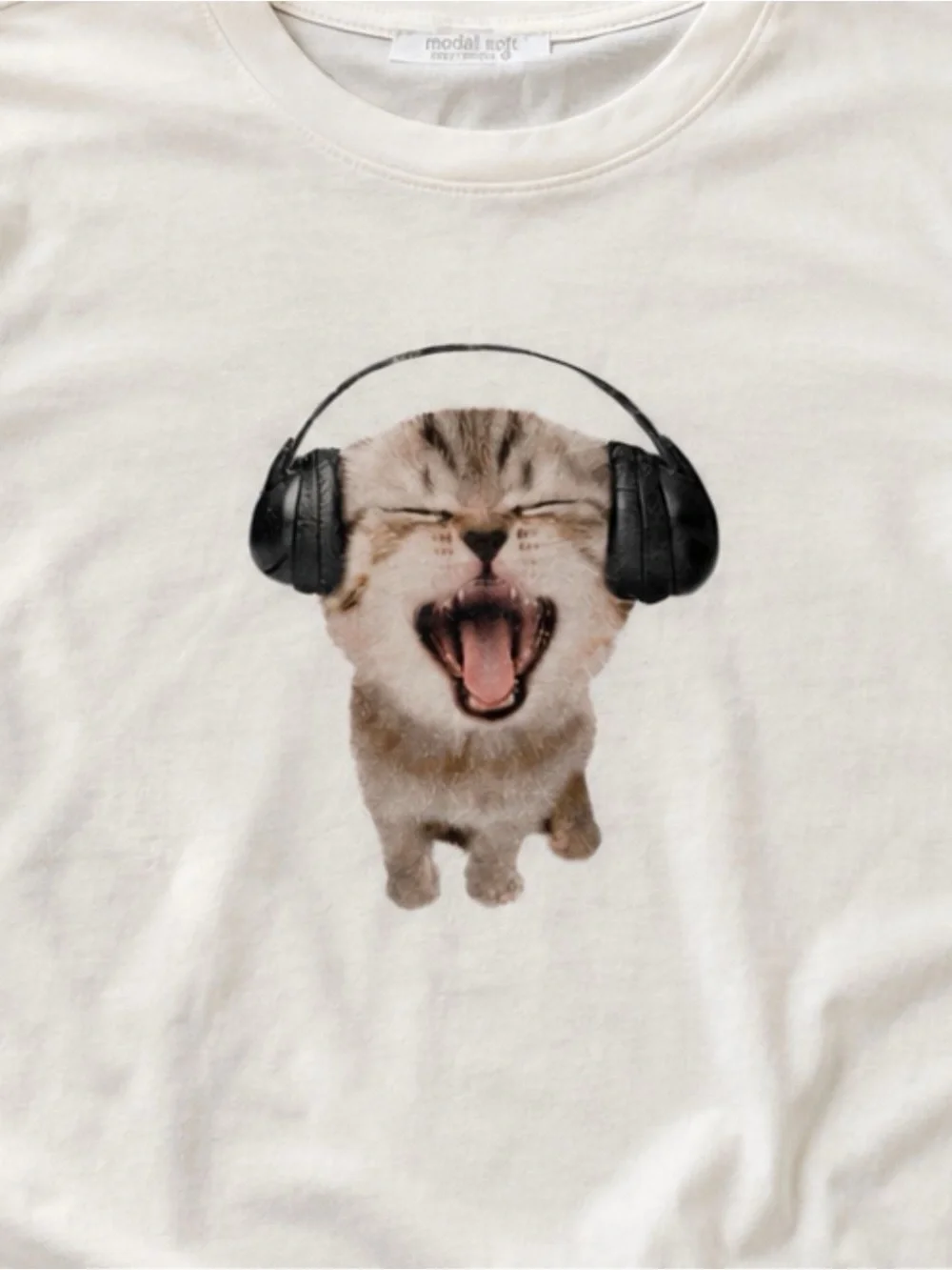 Gildan White Tee with Black-Headphone Yawning Kitten